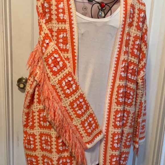 🍊🍊🍊BOGOHO🍊🍊🍊Orange and Cream Crochet Cardigan Sweater and White Top-2fer - Picture 3 of 9